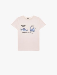 Kedili Baskılı Kısa Kollu Bisiklet Yaka Pamuklu Tişört