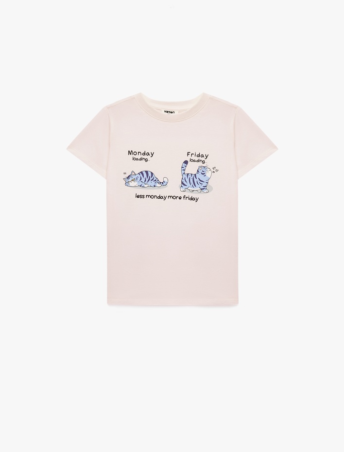 Kız Çocuk Kedili Baskılı Kısa Kollu Bisiklet Yaka Pamuklu Tişört