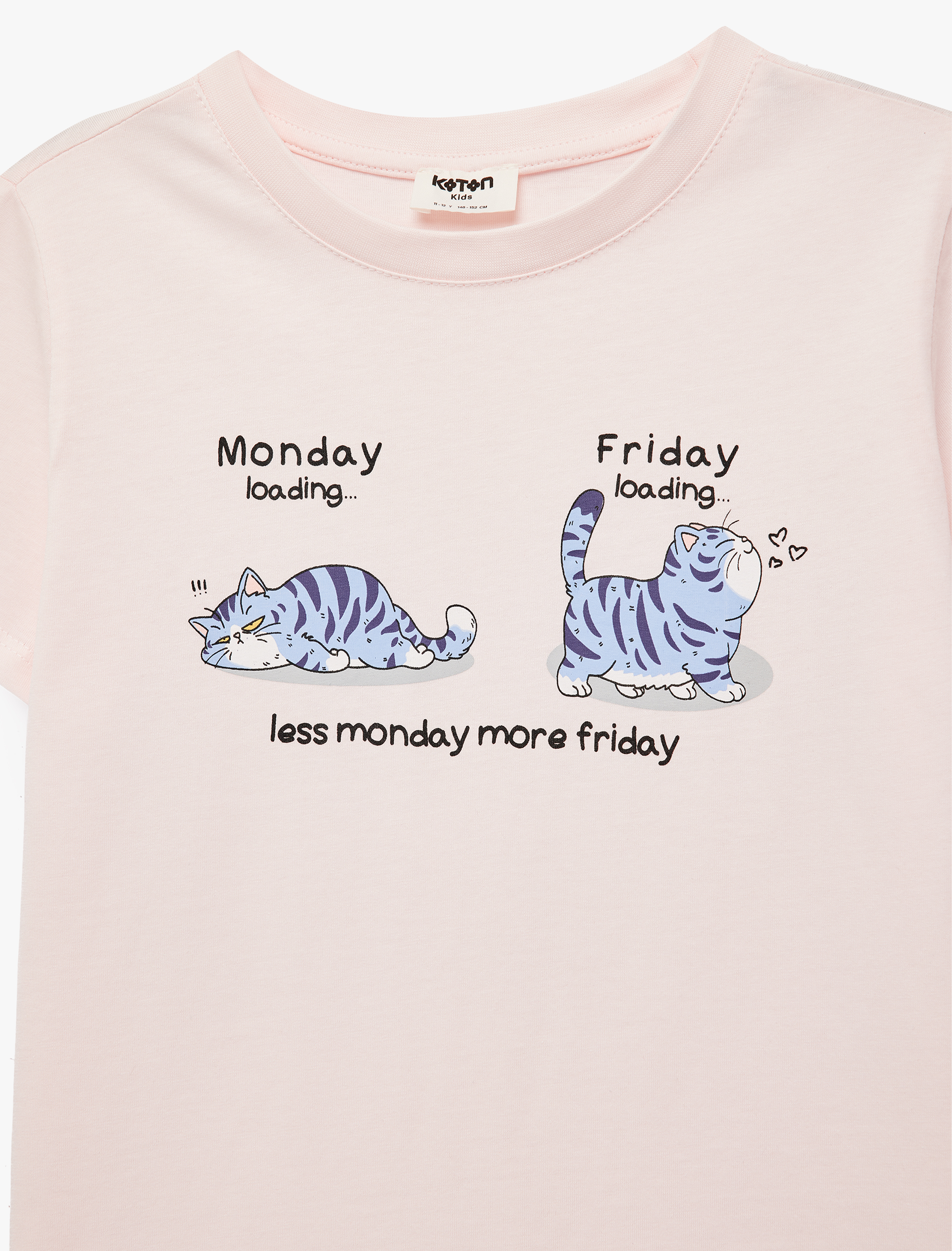  Kız Çocuk Kedili Baskılı Kısa Kollu Bisiklet Yaka Pamuklu Tişört