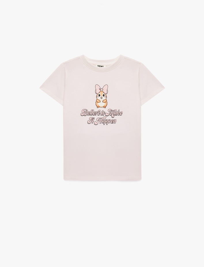 Kız Çocuk Pamuklu Baskılı Kısa Kollu Bisiklet Yaka Tişört