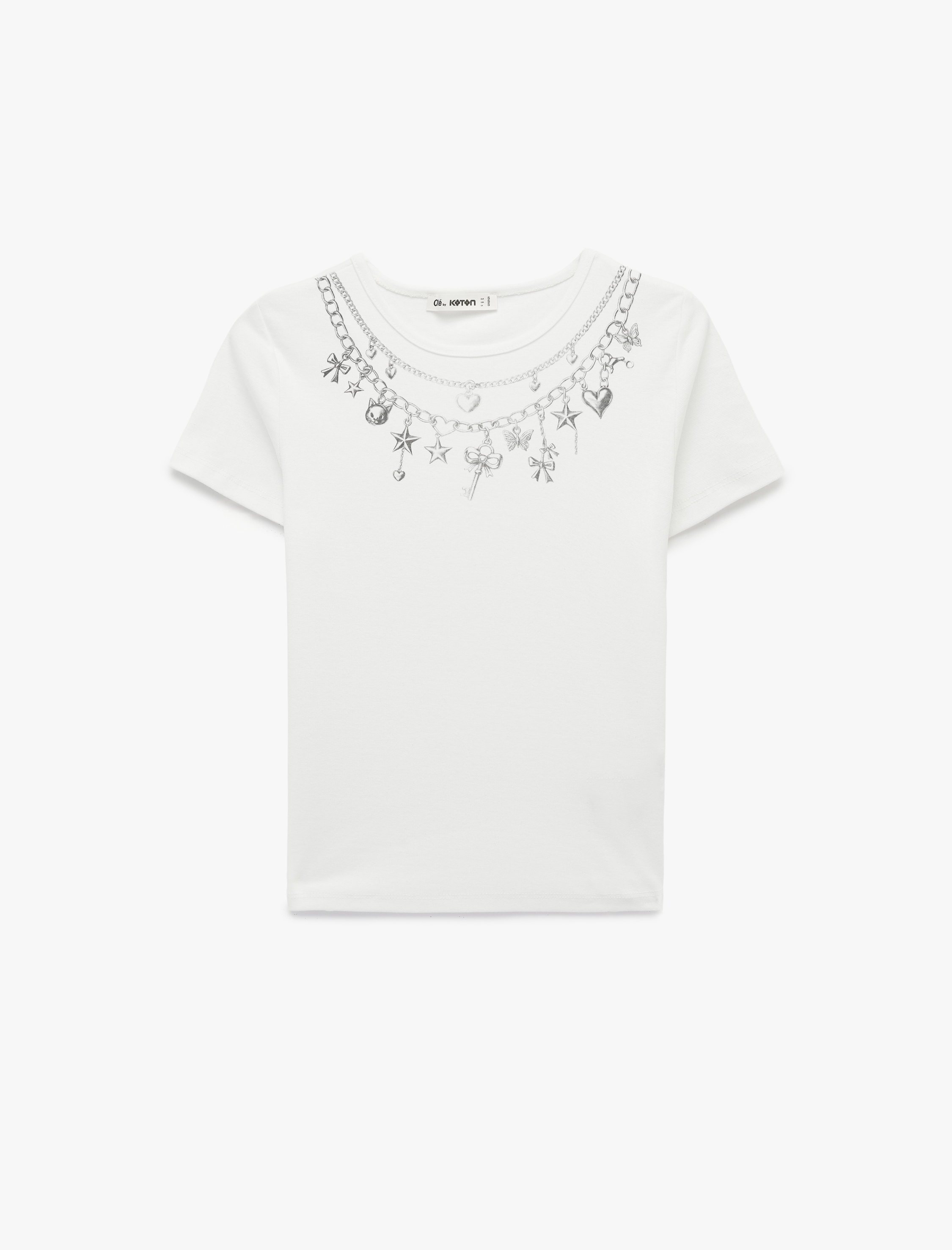   Slim Fit Pamuklu Kısa Kollu Bisiklet Yaka Fiyonk Baskılı Tişört