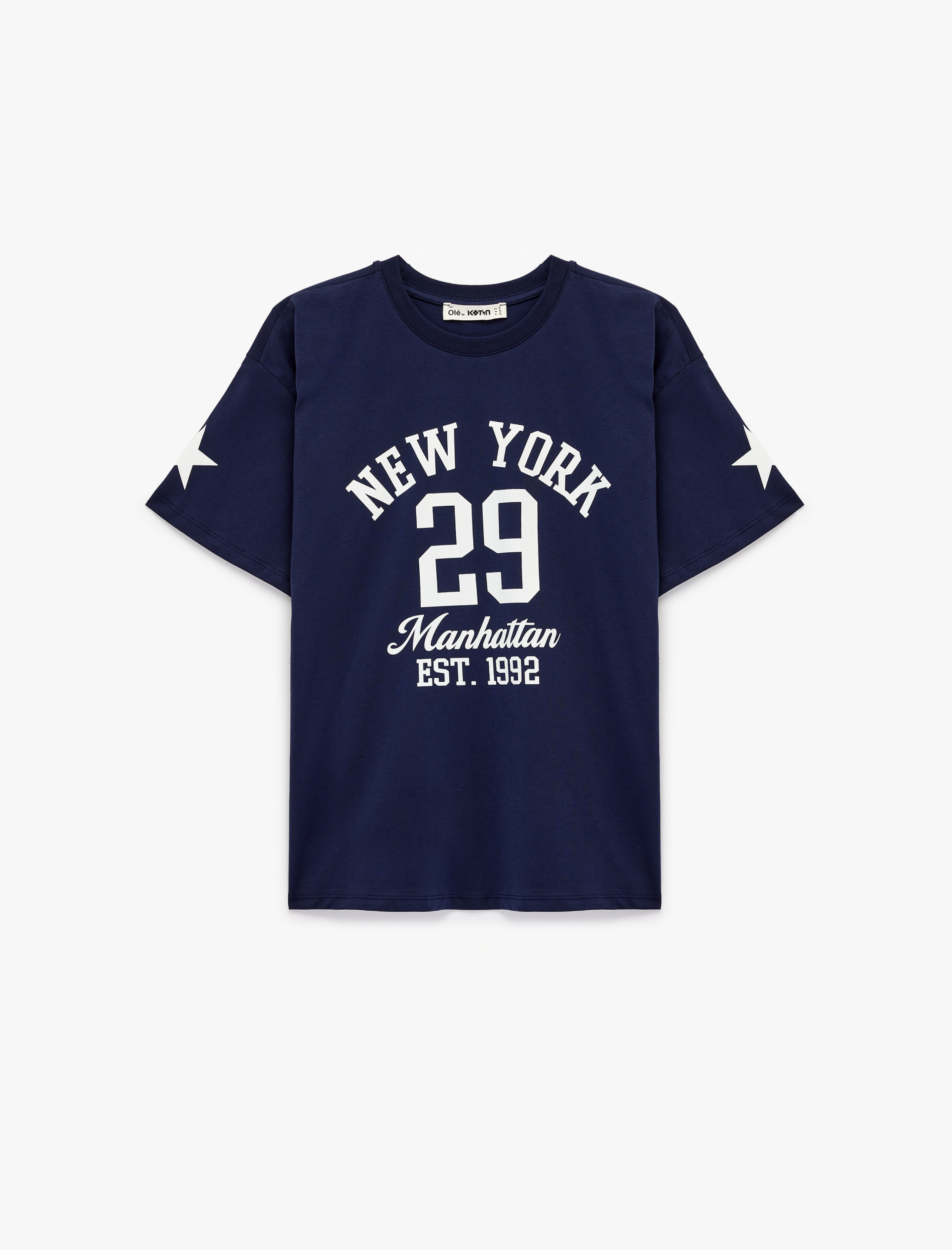   Rahat Kalıp Kısa Kollu Bisiklet Yaka Kolej Baskılı Tişört