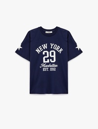 Rahat Kalıp Kısa Kollu Bisiklet Yaka Kolej Baskılı Tişört