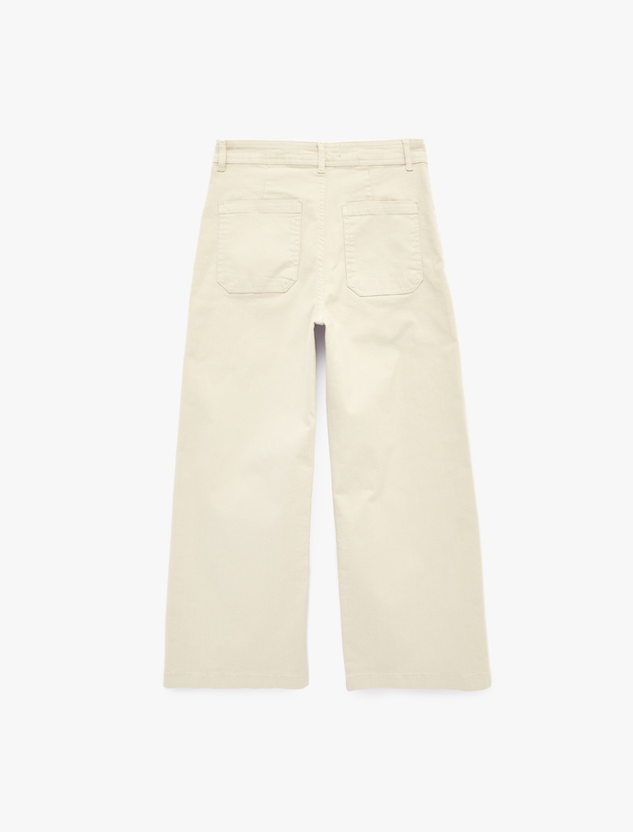  Yüksek Bel Rahat Kalıp Cep Detaylı Geniş Paça Pantolon - Culotte Jeans