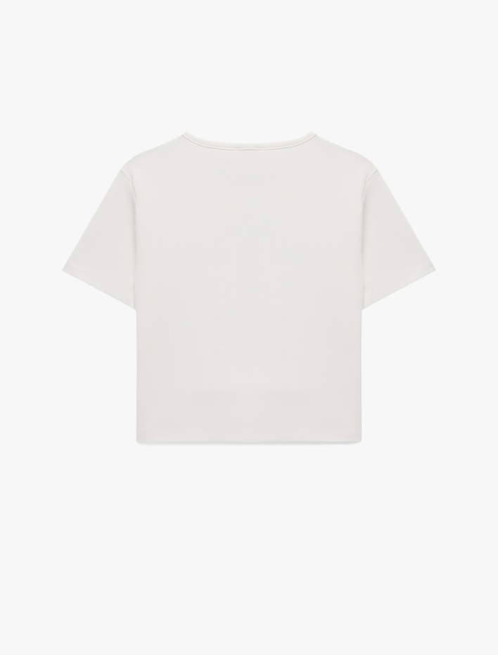 Kız Çocuk Pamuklu Bisiklet Yaka Kısa Kollu Kedi Baskılı Crop Tişört