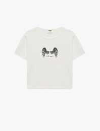 Baskılı Kısa Kollu Bisiklet Yaka Pamuklu Crop Tişört