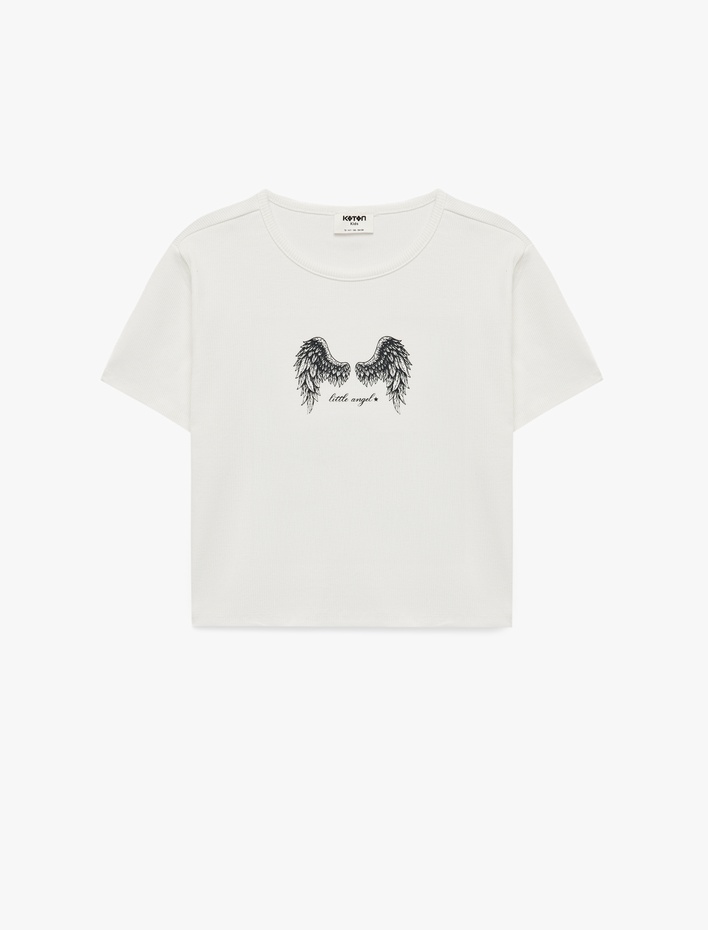 Kız Çocuk Baskılı Kısa Kollu Bisiklet Yaka Pamuklu Crop Tişört