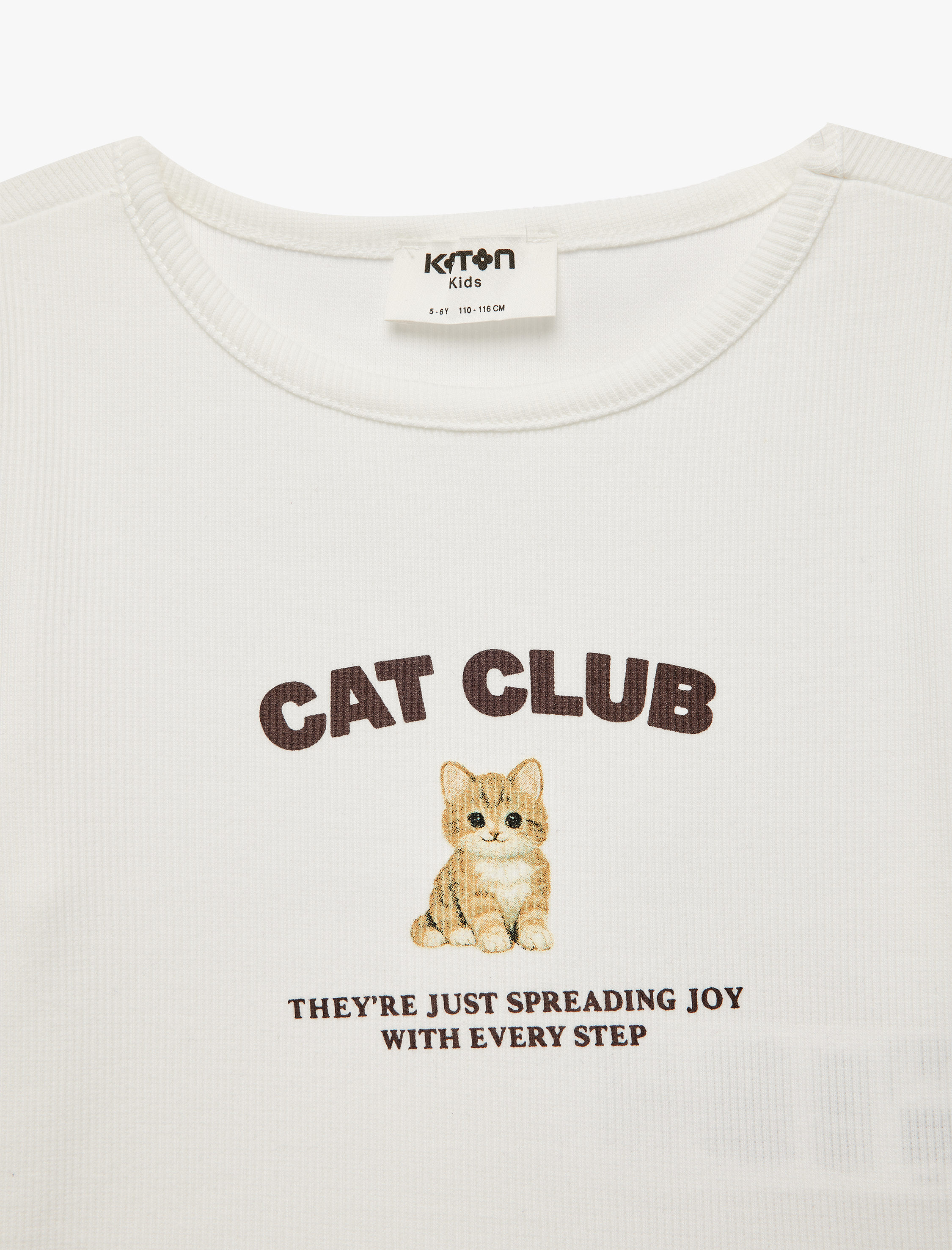  Kız Çocuk Pamuklu Bisiklet Yaka Kısa Kollu Kedi Baskılı Crop Tişört