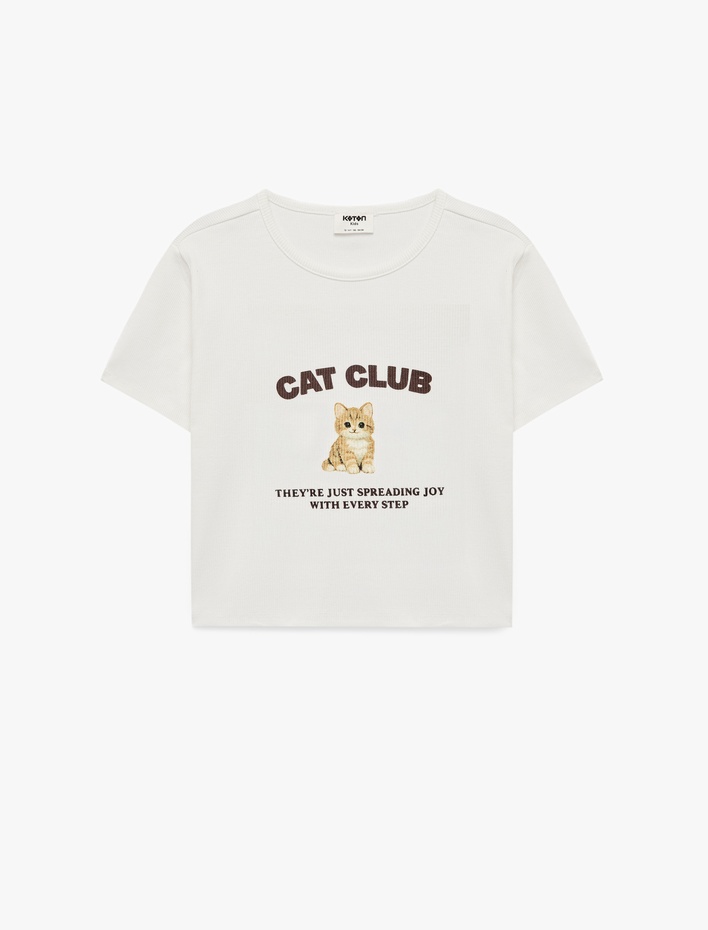 Kız Çocuk Pamuklu Bisiklet Yaka Kısa Kollu Kedi Baskılı Crop Tişört
