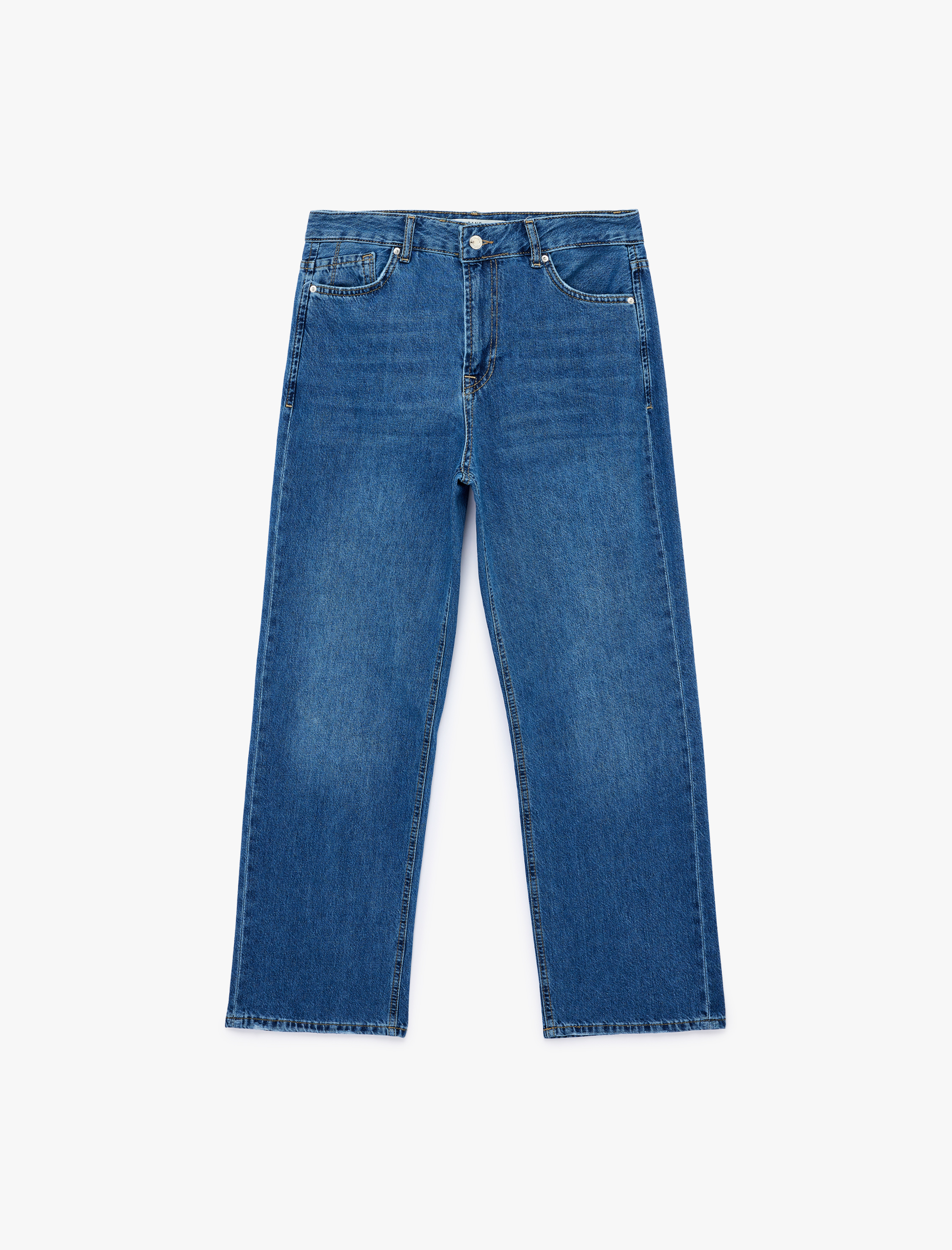   Pamuklu Normal Bel Düğmeli Düz Paça Denim Pantolon - Straight Fit Jean