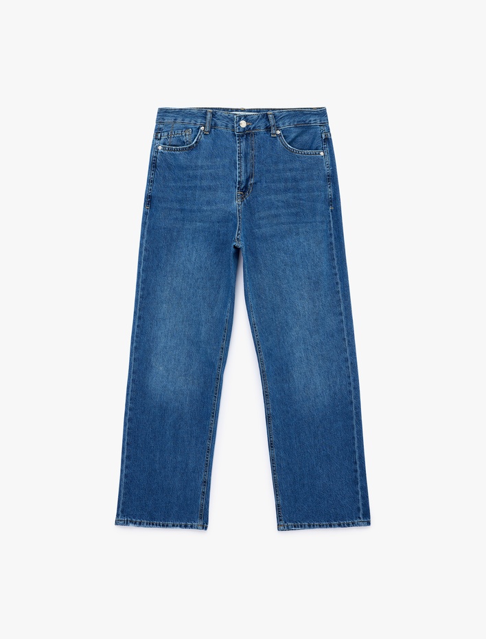  Pamuklu Normal Bel Düğmeli Düz Paça Denim Pantolon - Straight Fit Jean