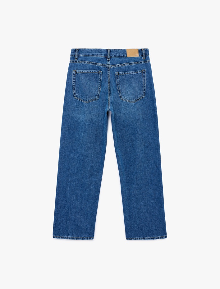  Pamuklu Normal Bel Düğmeli Düz Paça Denim Pantolon - Straight Fit Jean