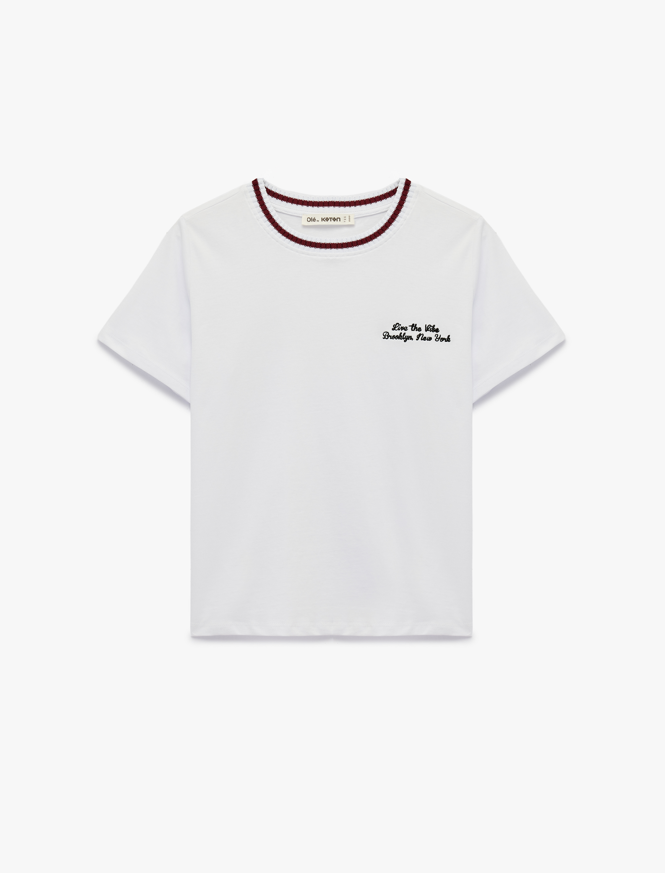   Biyeli Pamuklu Nakış Detaylı Kısa Kollu Bisiklet Yaka Tişört