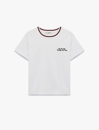 Biyeli Pamuklu Nakış Detaylı Kısa Kollu Bisiklet Yaka Tişört