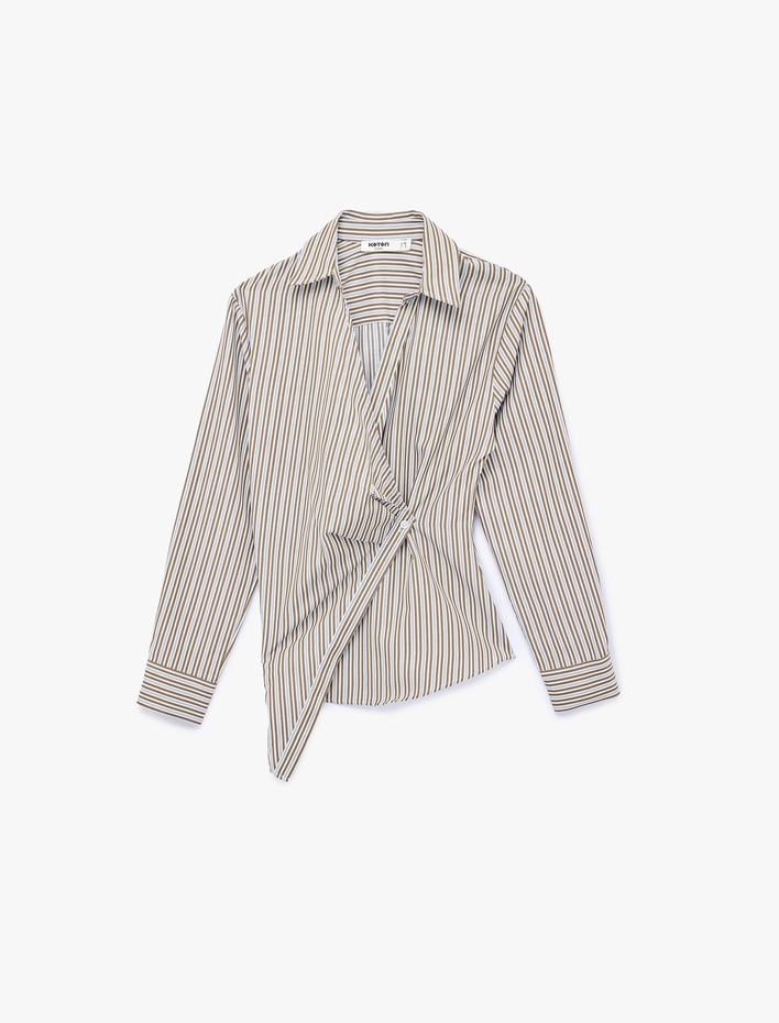  Asimetrik Kesim Kruvaze Yaka Düğme Detaylı Uzun Kollu Gömlek