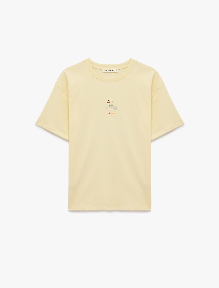  Rahat Kalıp Kısa Kollu Bisiklet Yaka Pamuklu Ördek Nakışlı Tişört