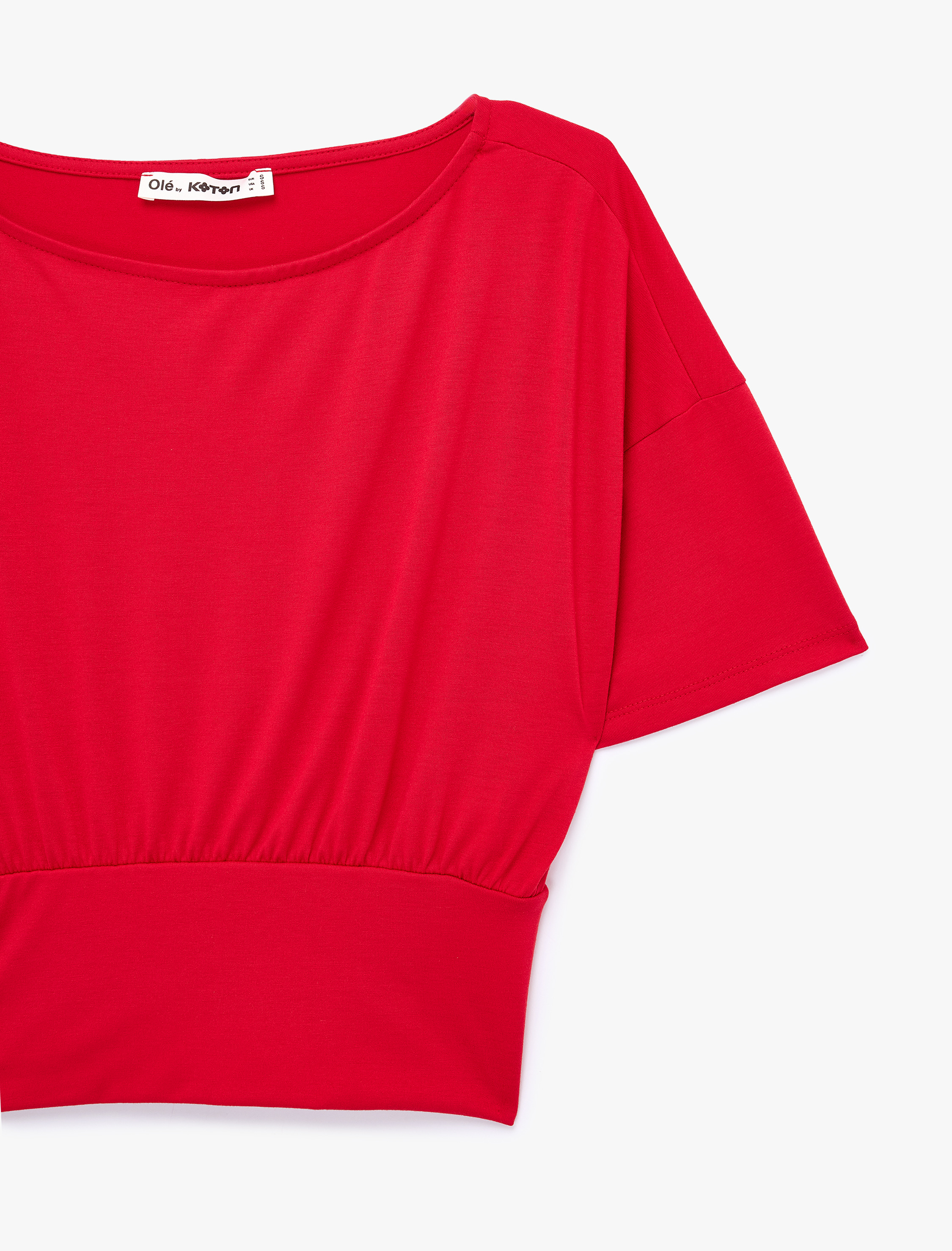   Kısa Kollu Viskon Karışımlı Kayık Yaka Crop Tişört