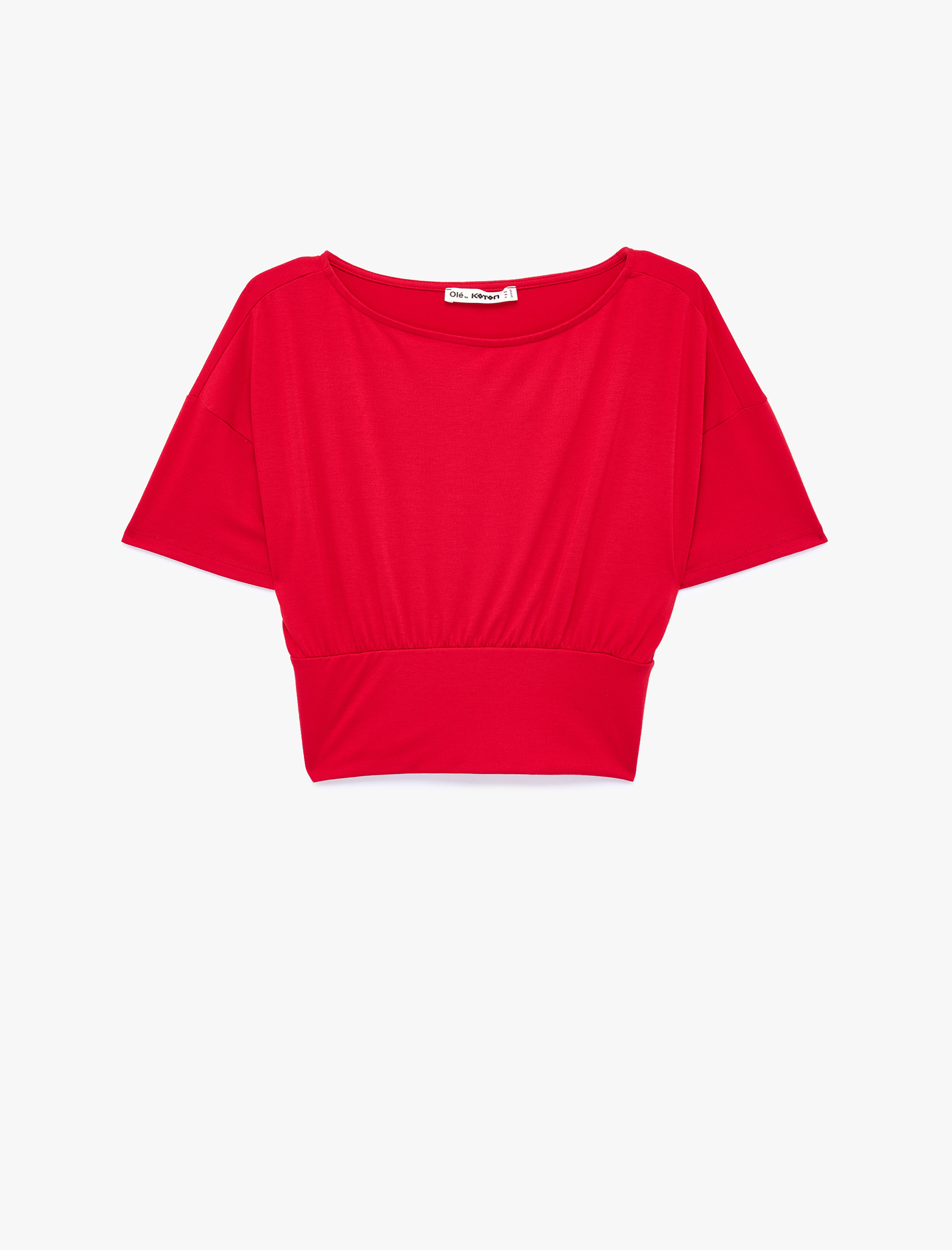   Kısa Kollu Viskon Karışımlı Kayık Yaka Crop Tişört