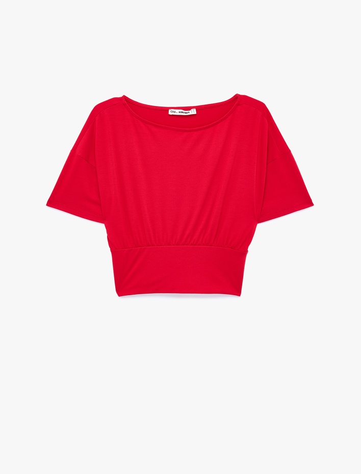  Kısa Kollu Viskon Karışımlı Kayık Yaka Crop Tişört