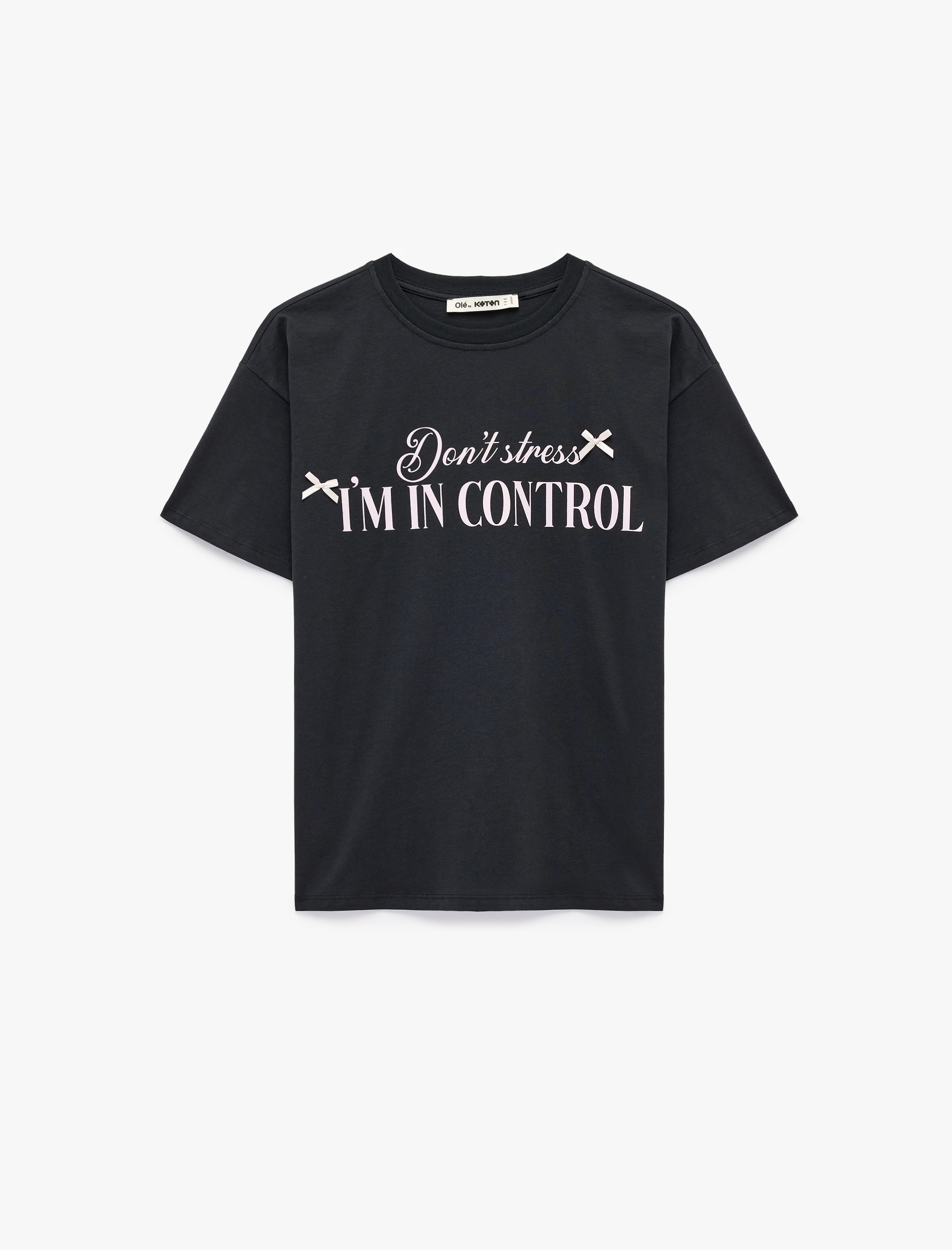   Rahat Kalıp Kısa Kollu Bisiklet Yaka Pamuklu Baskılı Fiyonklu Tişört