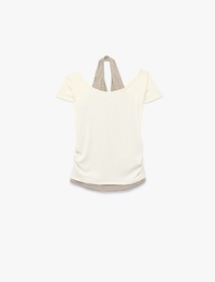 Viskon Karışımlı Kayık Yaka Kısa Kollu Slim Fit Crop Tişört