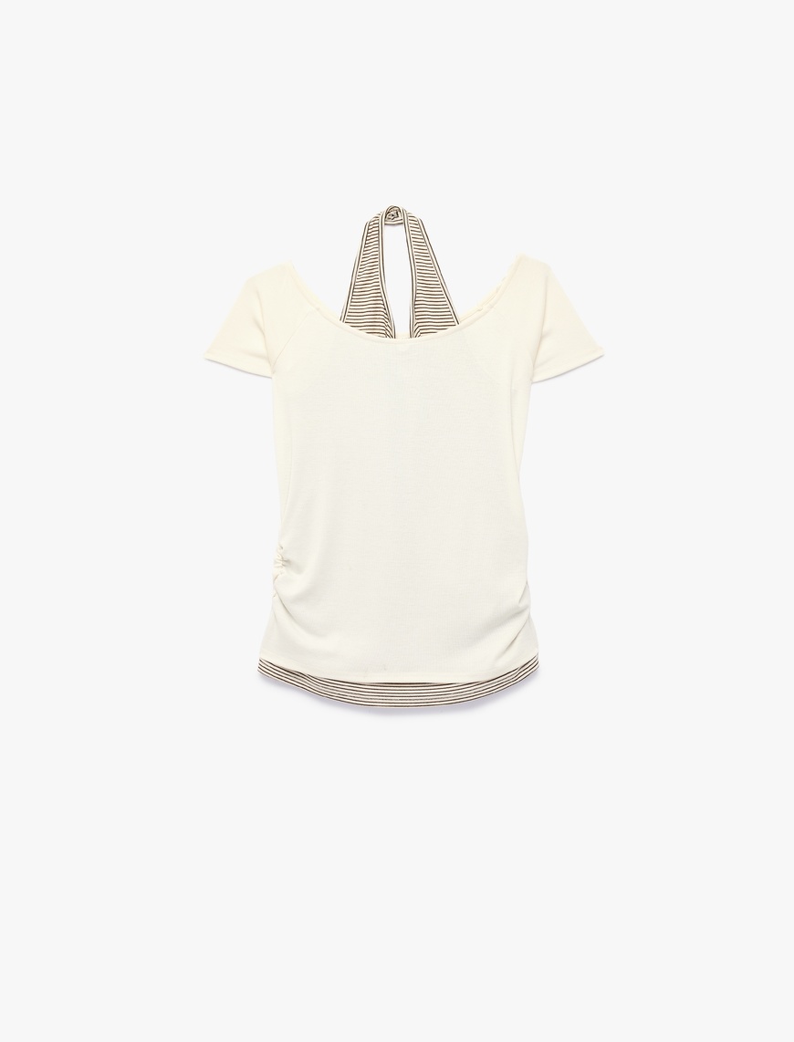Koton Viskon Karışımlı Kayık Yaka Kısa Kollu Slim Fit Crop T-Shirt
