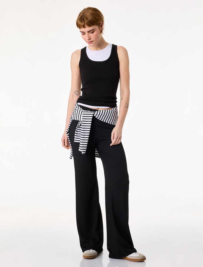  Rahat Kalıp Beli Bağcıklı Geniş Paça Pantolon