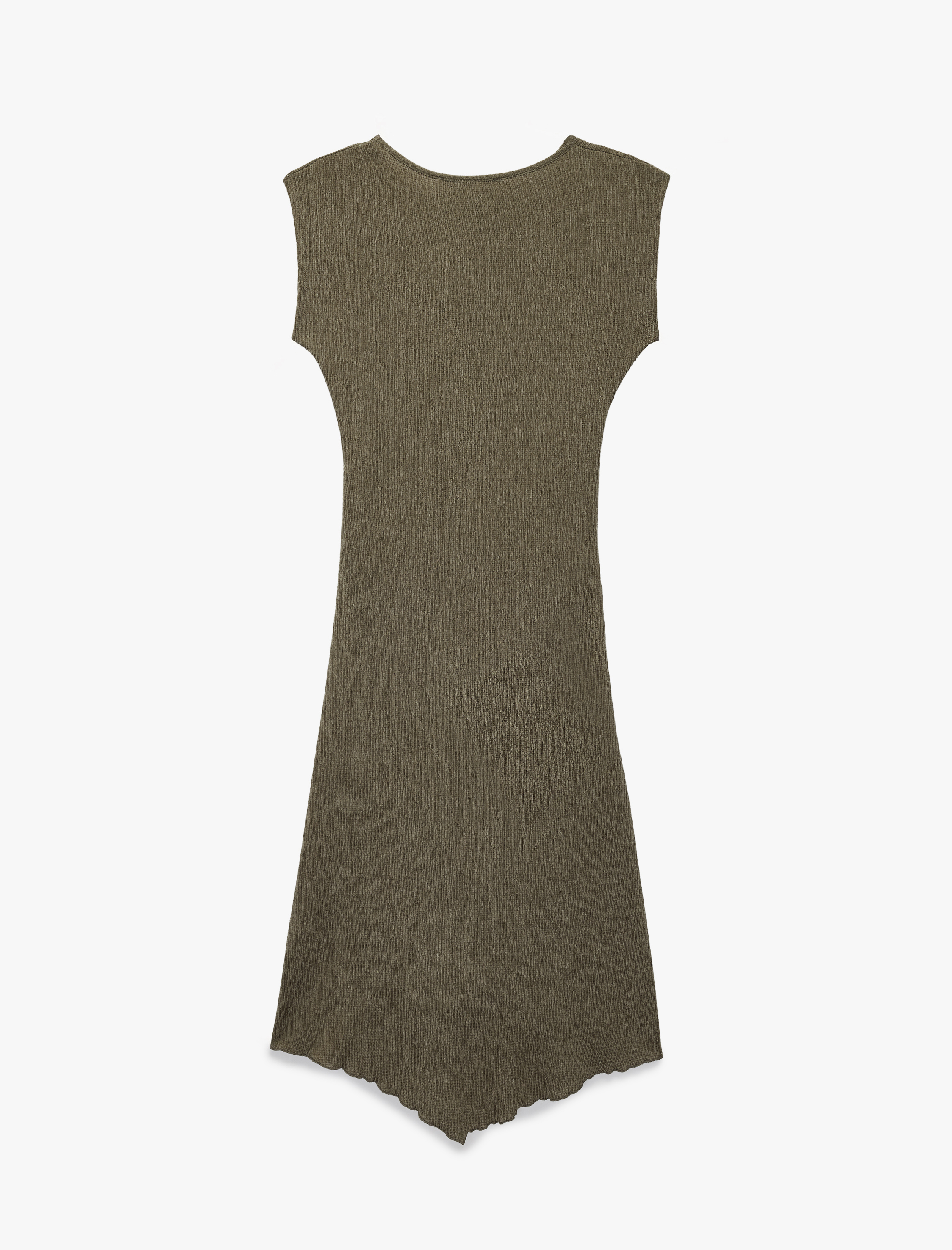   Drape Detaylı Asimetrik Kesim Bisiklet Yaka Kolsuz Midi Elbise