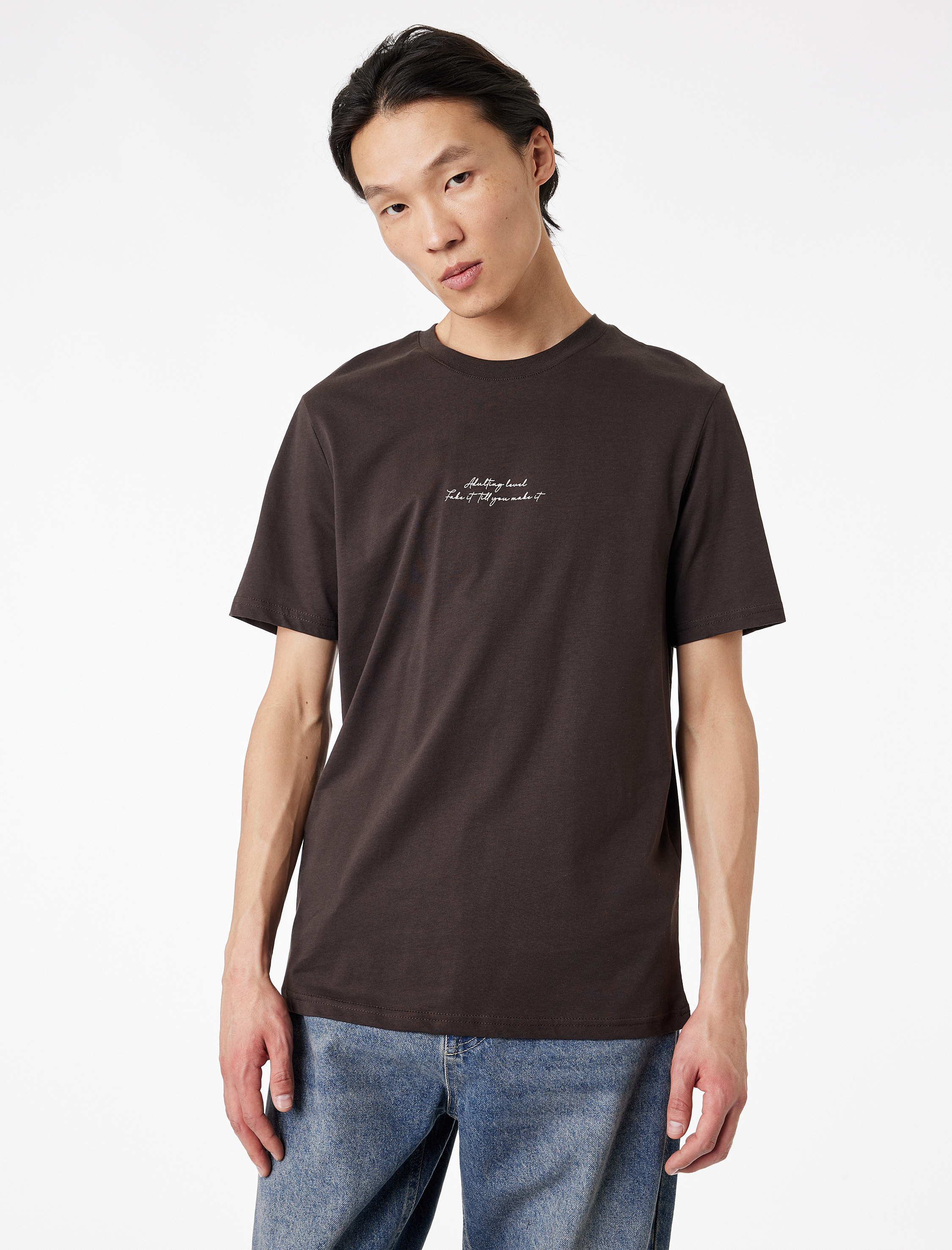   Pamuklu Kısa Kollu Bisiklet Yaka Baskılı Slim Fit Tişört