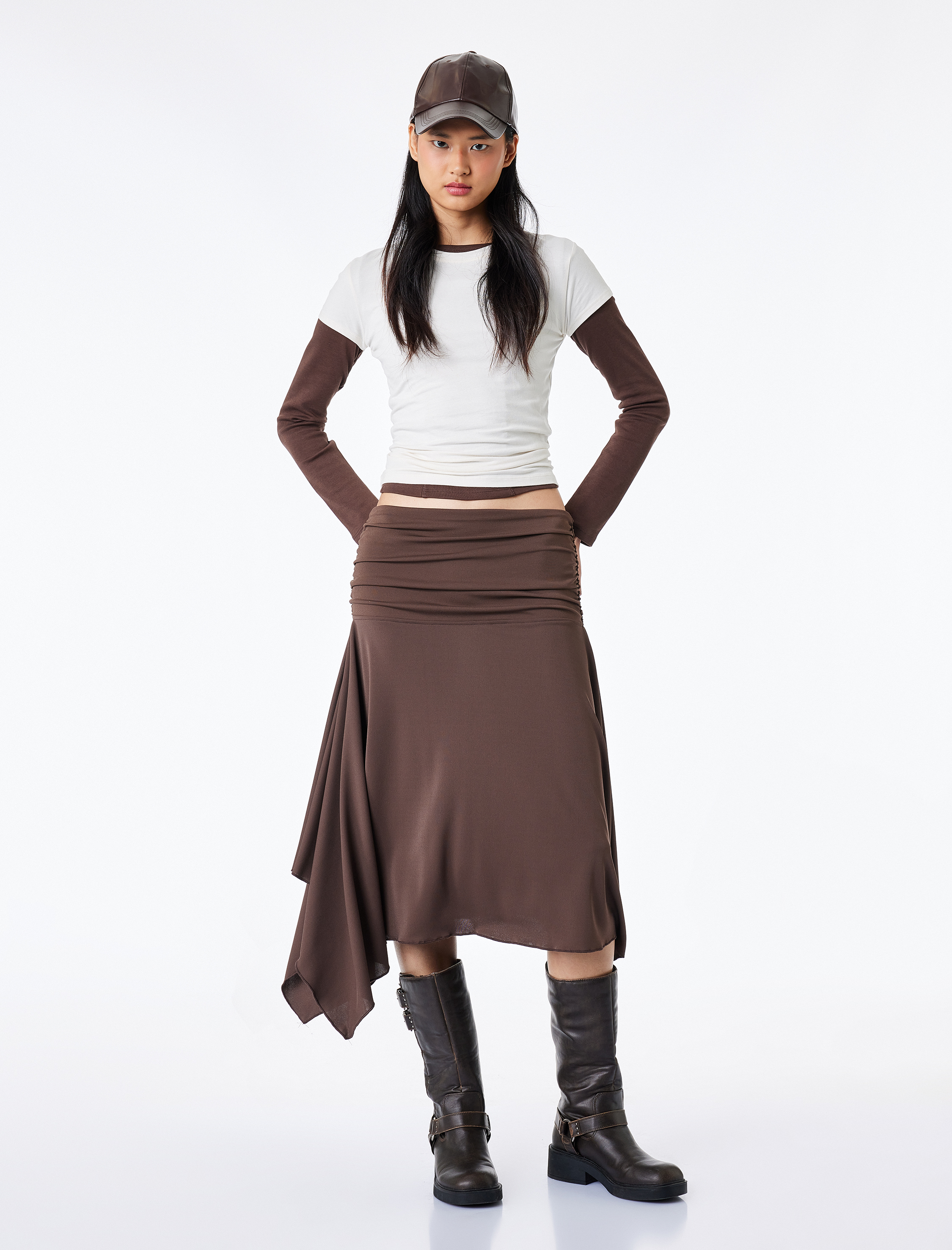   Asimetrik Büzgülü Midi Scuba Etek