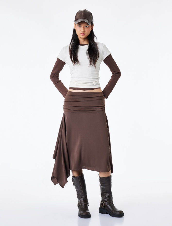  Asimetrik Büzgülü Midi Scuba Etek