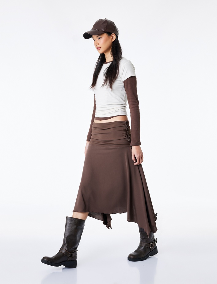  Asimetrik Büzgülü Midi Scuba Etek