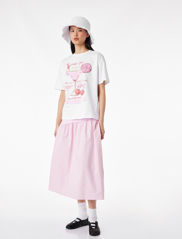  Rahat Kalıp Kısa Kollu Bisiklet Yaka Pamuklu Kiraz Baskılı Tişört