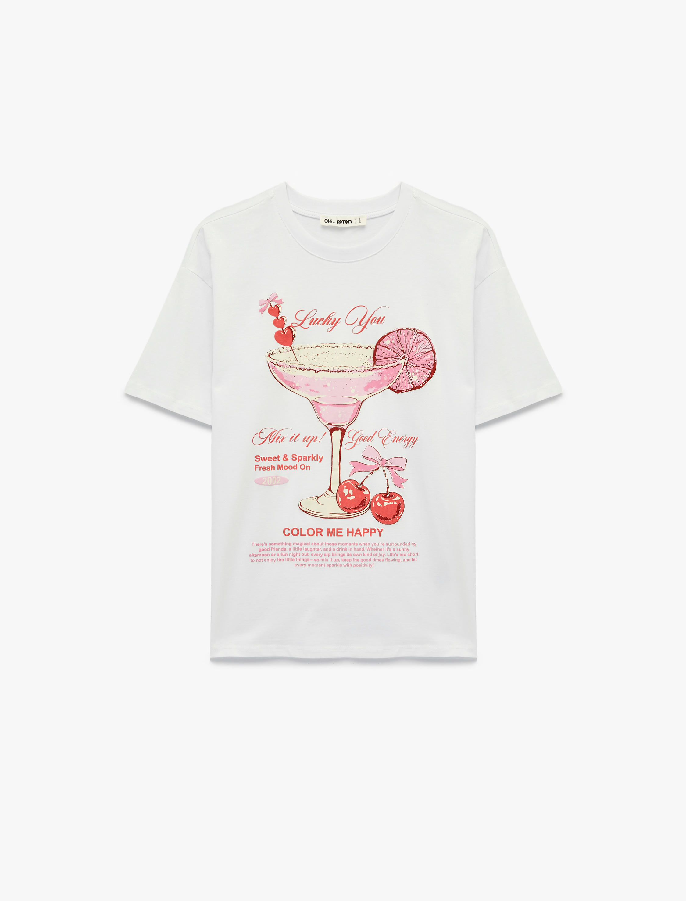   Rahat Kalıp Kısa Kollu Bisiklet Yaka Pamuklu Kiraz Baskılı Tişört