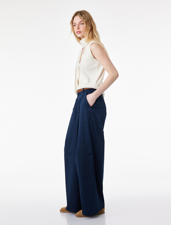  Pamuklu Cepli Yüksek Bel Geniş Paça Kemerli Pantolon