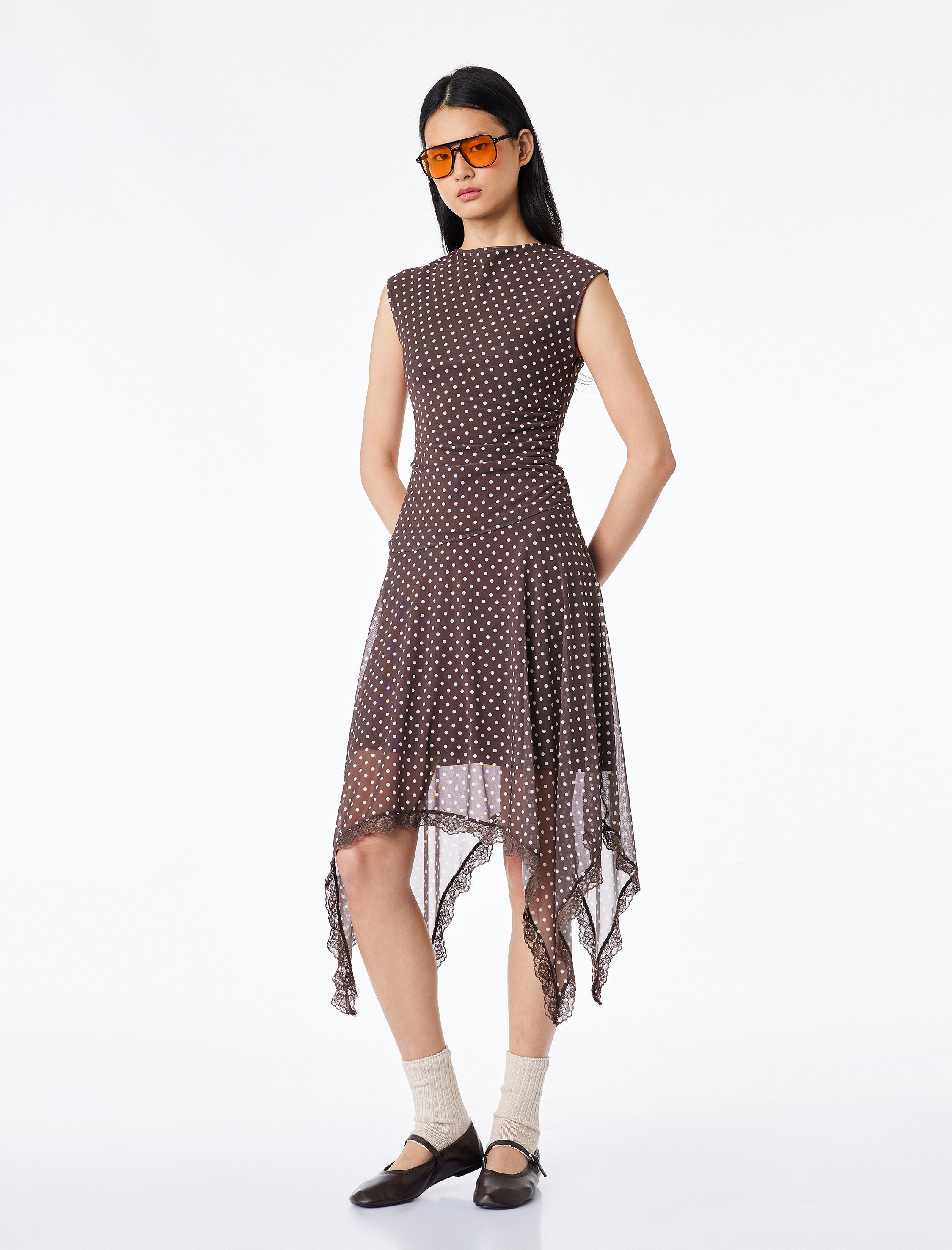   Kolsuz Bisiklet Yaka Büzgülü Asimetrik Midi Puantiyeli Tül Elbise