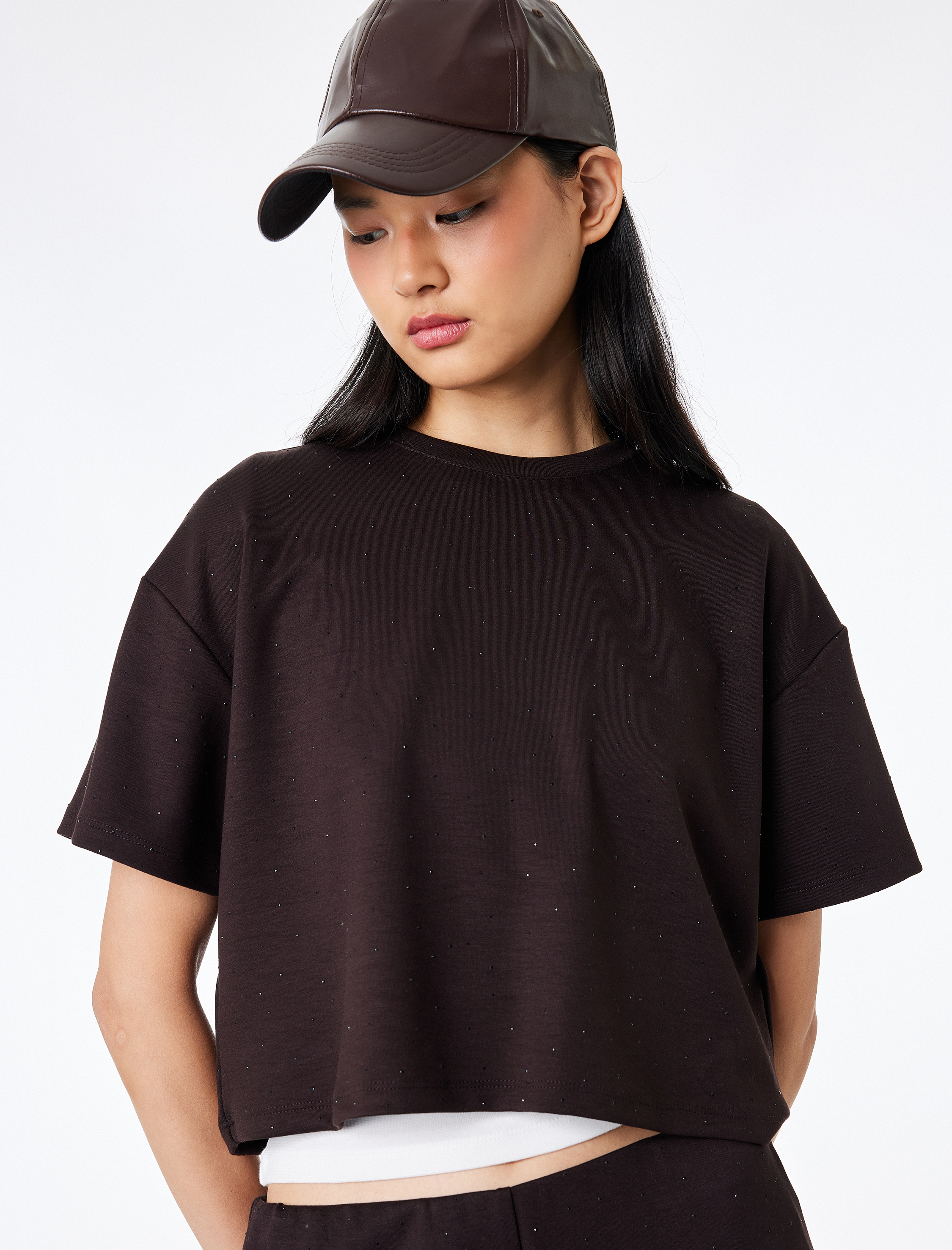   Rahat Kalıp Kısa Kollu Bisiklet Yaka İnterlok Spor Crop Tişört