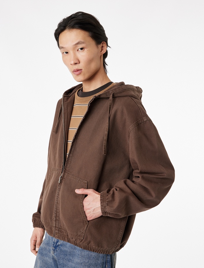  Uzun Kollu Pamuklu Cepli Fermuarlı Oversize Kapüşonlu Jean Ceket