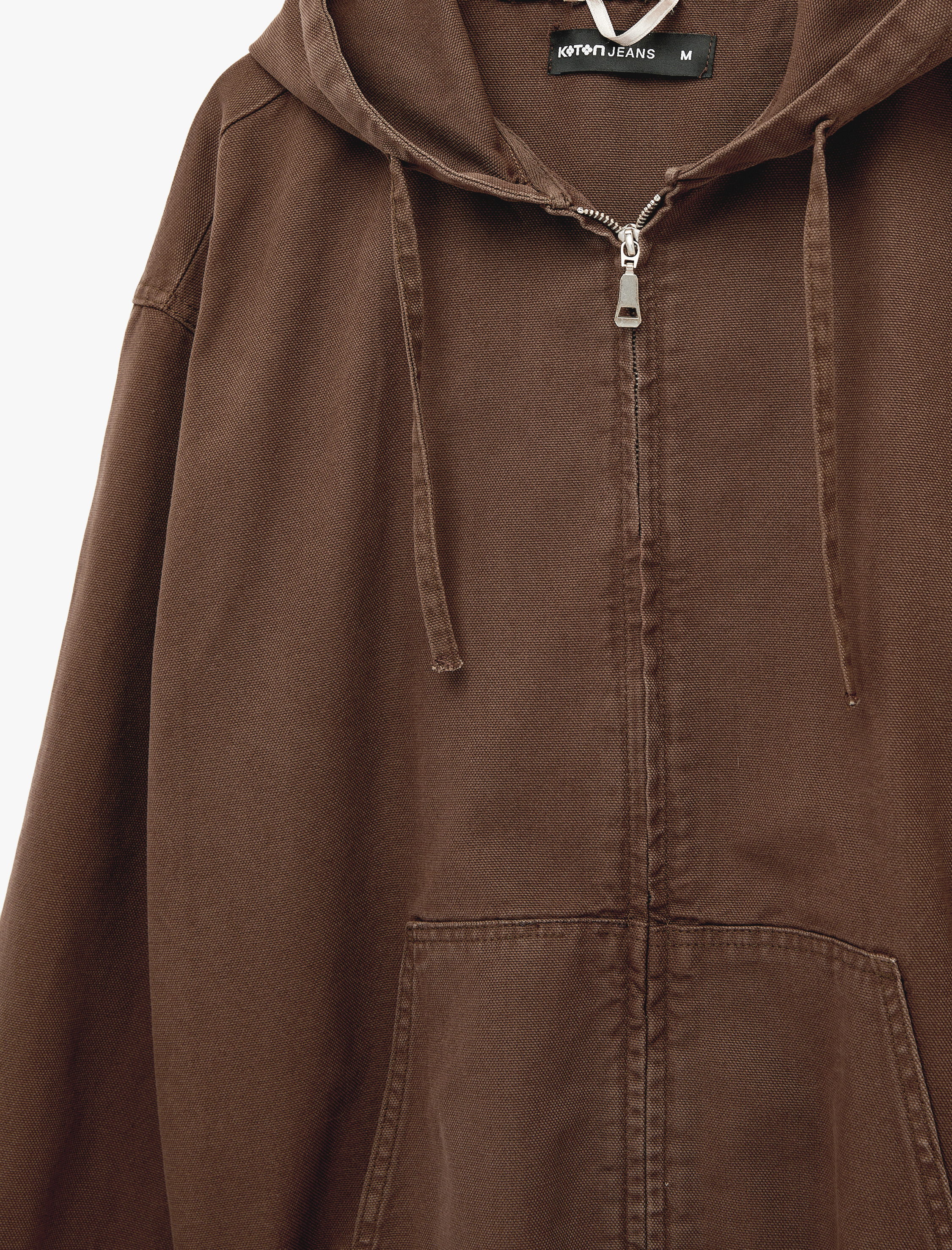   Uzun Kollu Pamuklu Cepli Fermuarlı Oversize Kapüşonlu Jean Ceket