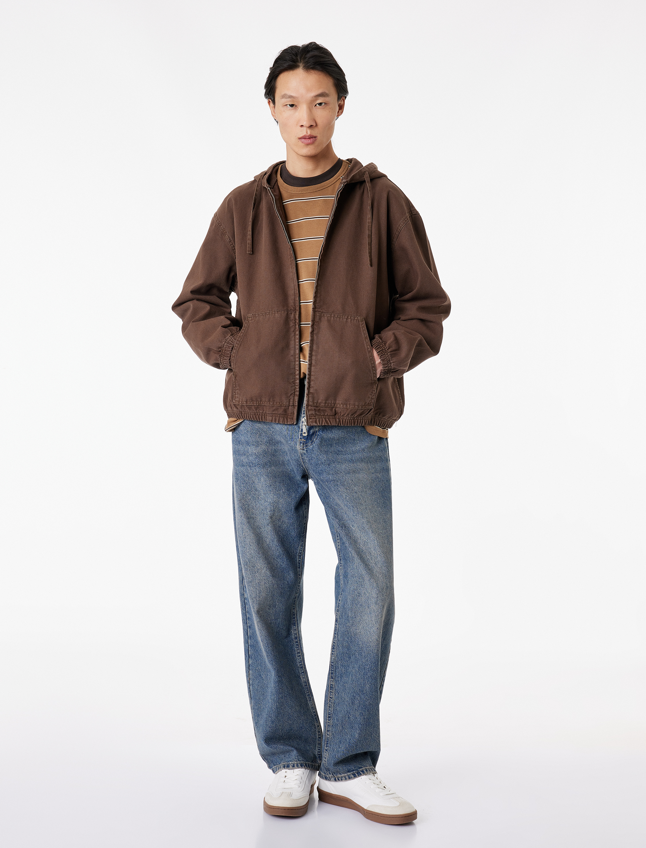   Uzun Kollu Pamuklu Cepli Fermuarlı Oversize Kapüşonlu Jean Ceket