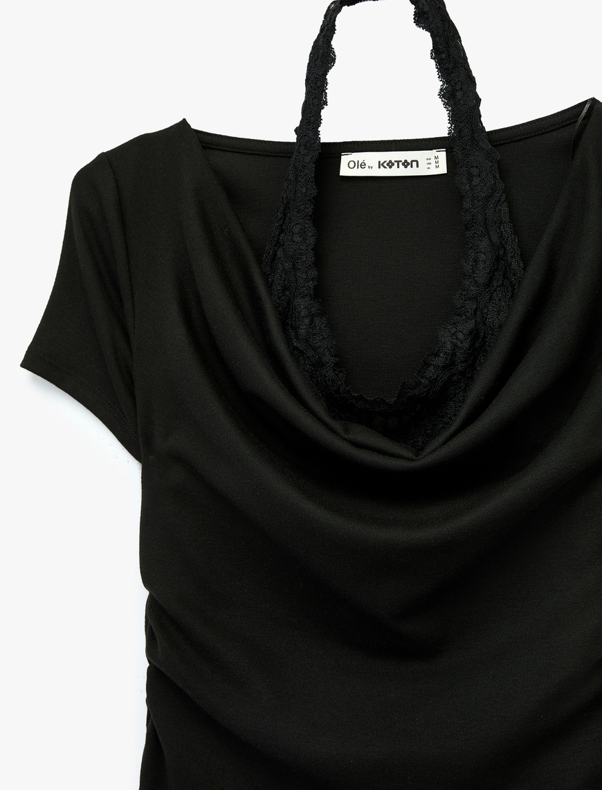 Siyah Slim Fit Kısa Kollu Dantel Detaylı Atletli İkili Kayık Yaka