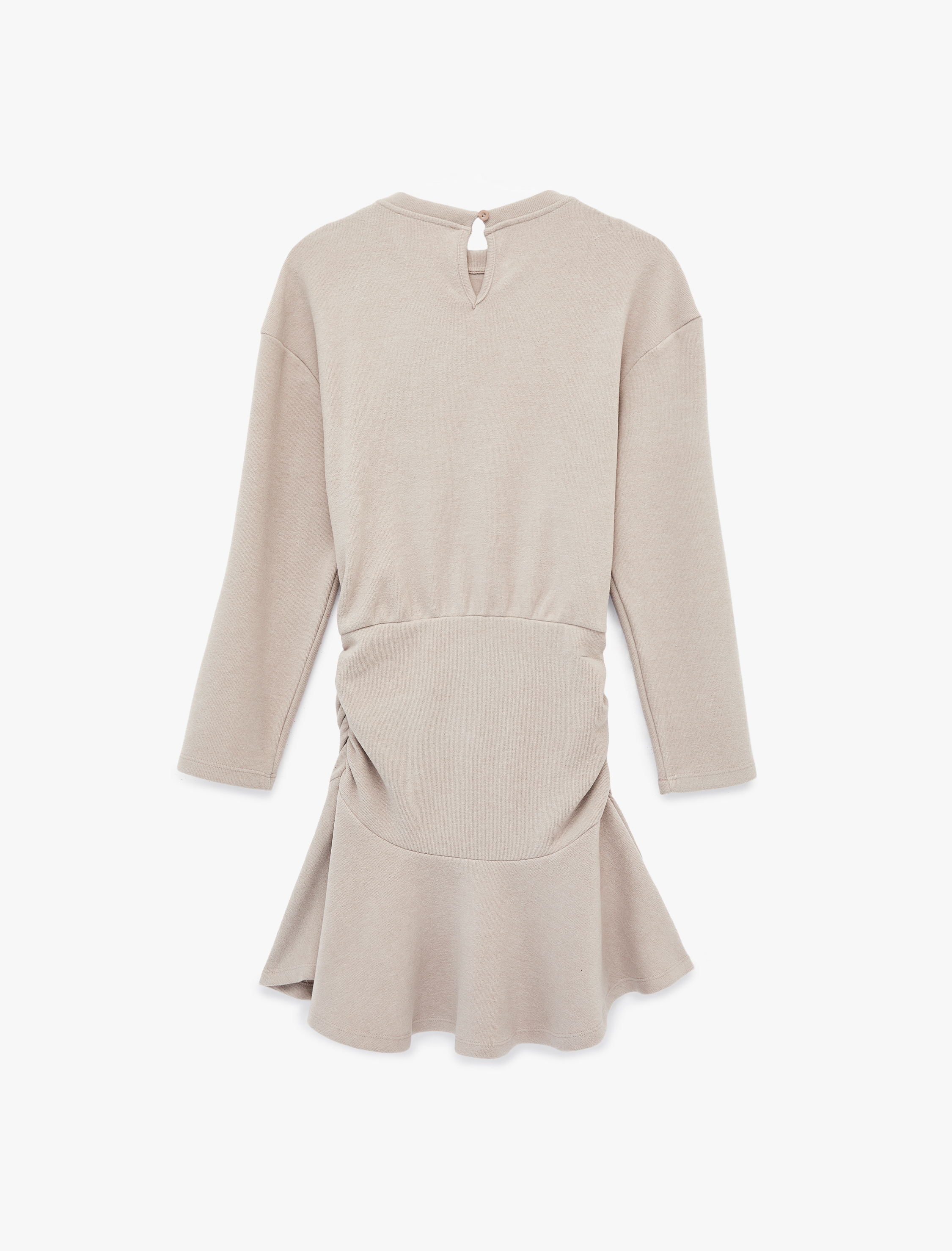   Rahat Kalıp Büzgülü Uzun Kollu Bisiklet Yaka Volanlı Mini Elbise