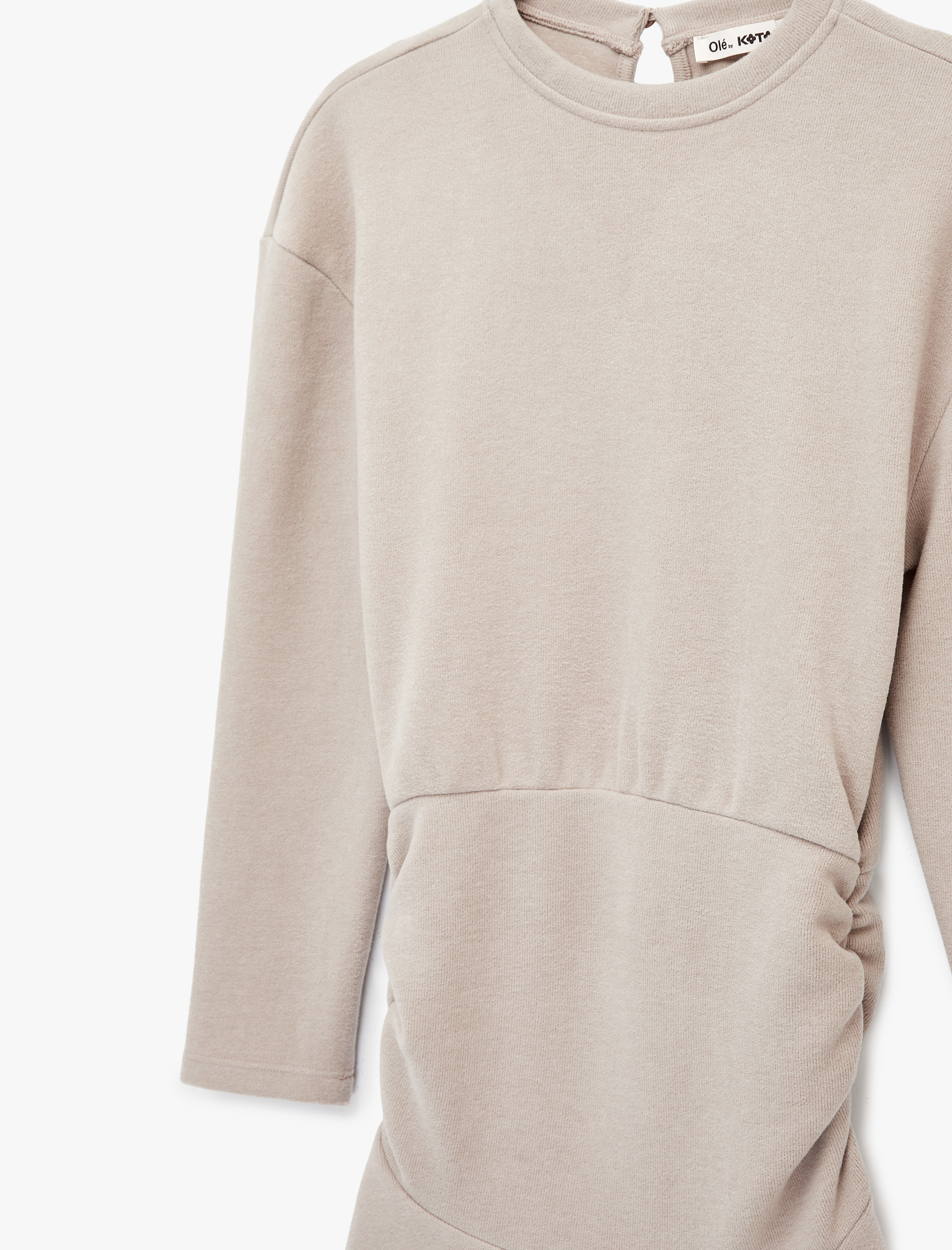   Rahat Kalıp Büzgülü Uzun Kollu Bisiklet Yaka Volanlı Mini Elbise