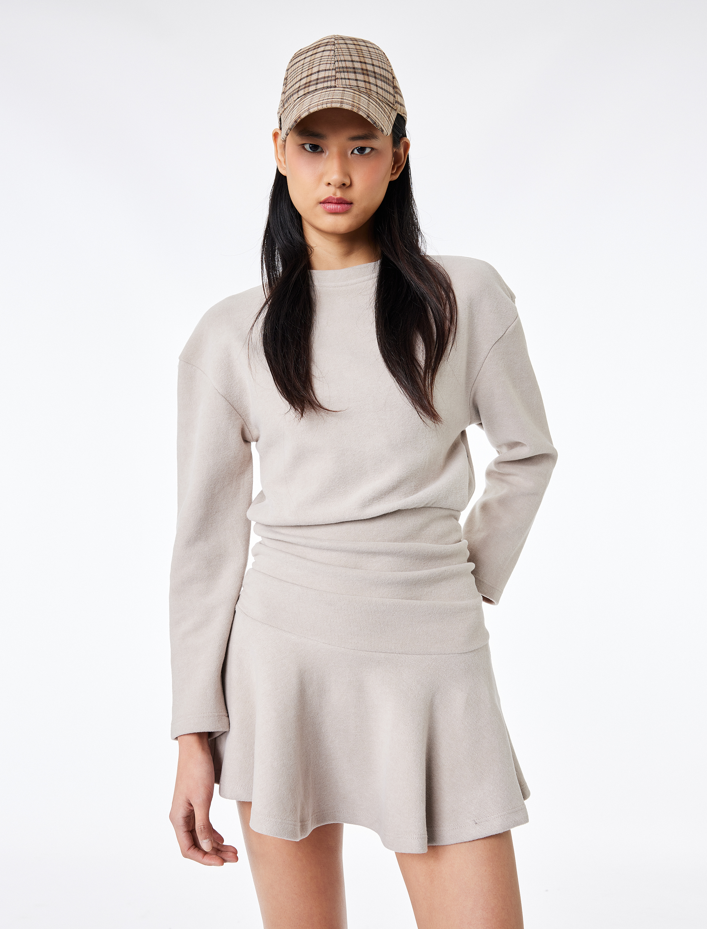   Rahat Kalıp Büzgülü Uzun Kollu Bisiklet Yaka Volanlı Mini Elbise