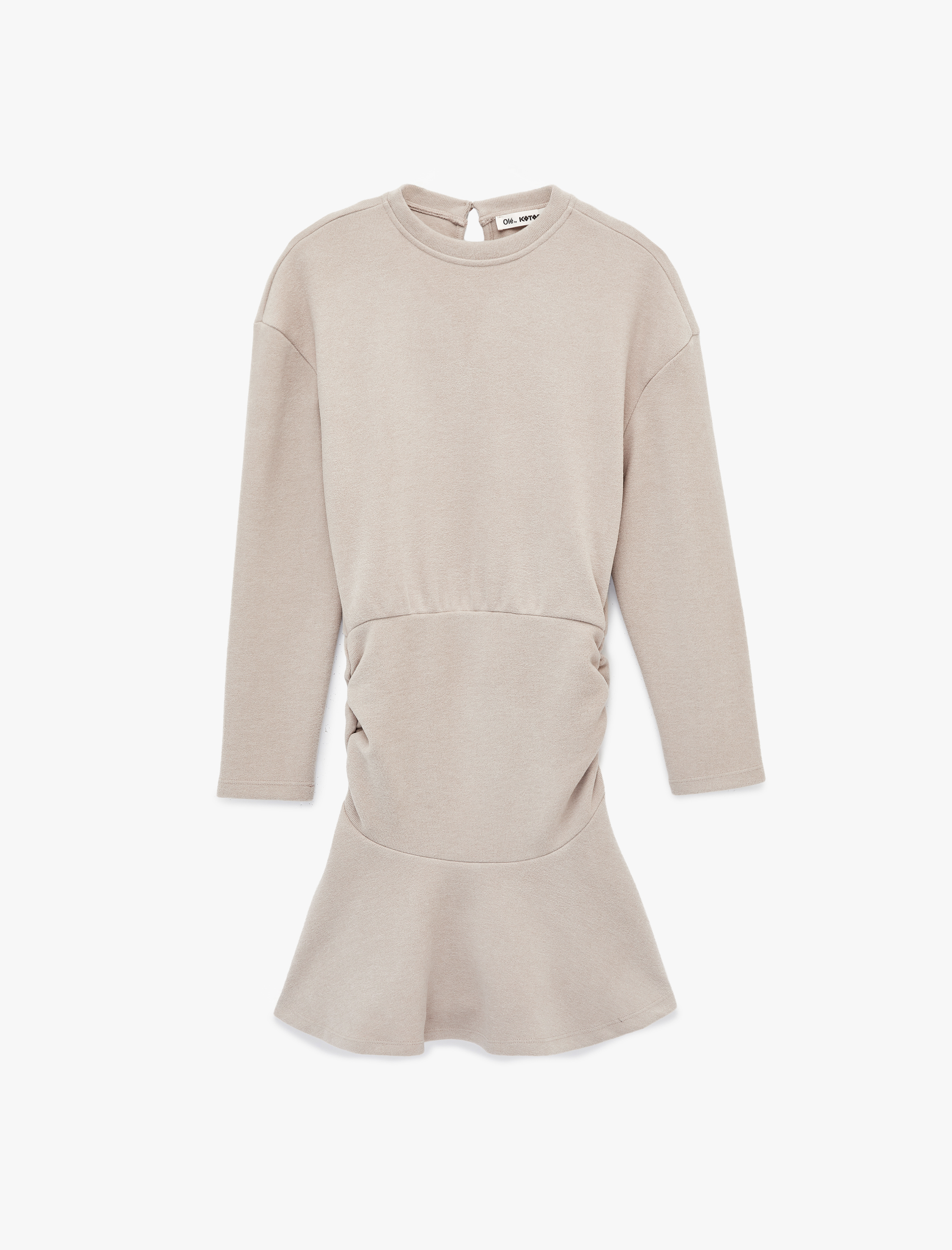   Rahat Kalıp Büzgülü Uzun Kollu Bisiklet Yaka Volanlı Mini Elbise