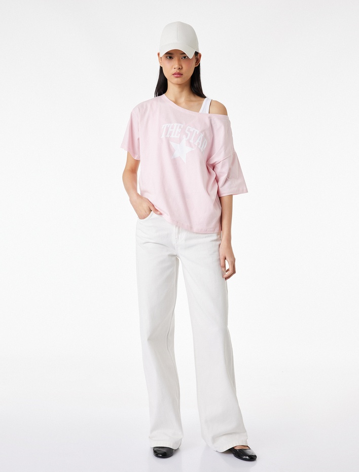  Rahat Kalıp Omzu Açık Kısa Kollu Baskılı Tişört