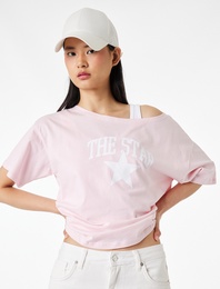 Rahat Kalıp Omzu Açık Kısa Kollu Baskılı Tişört