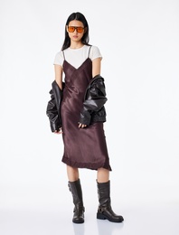 İp Askılı Asimetrik Dantel Detaylı Saten Elbise