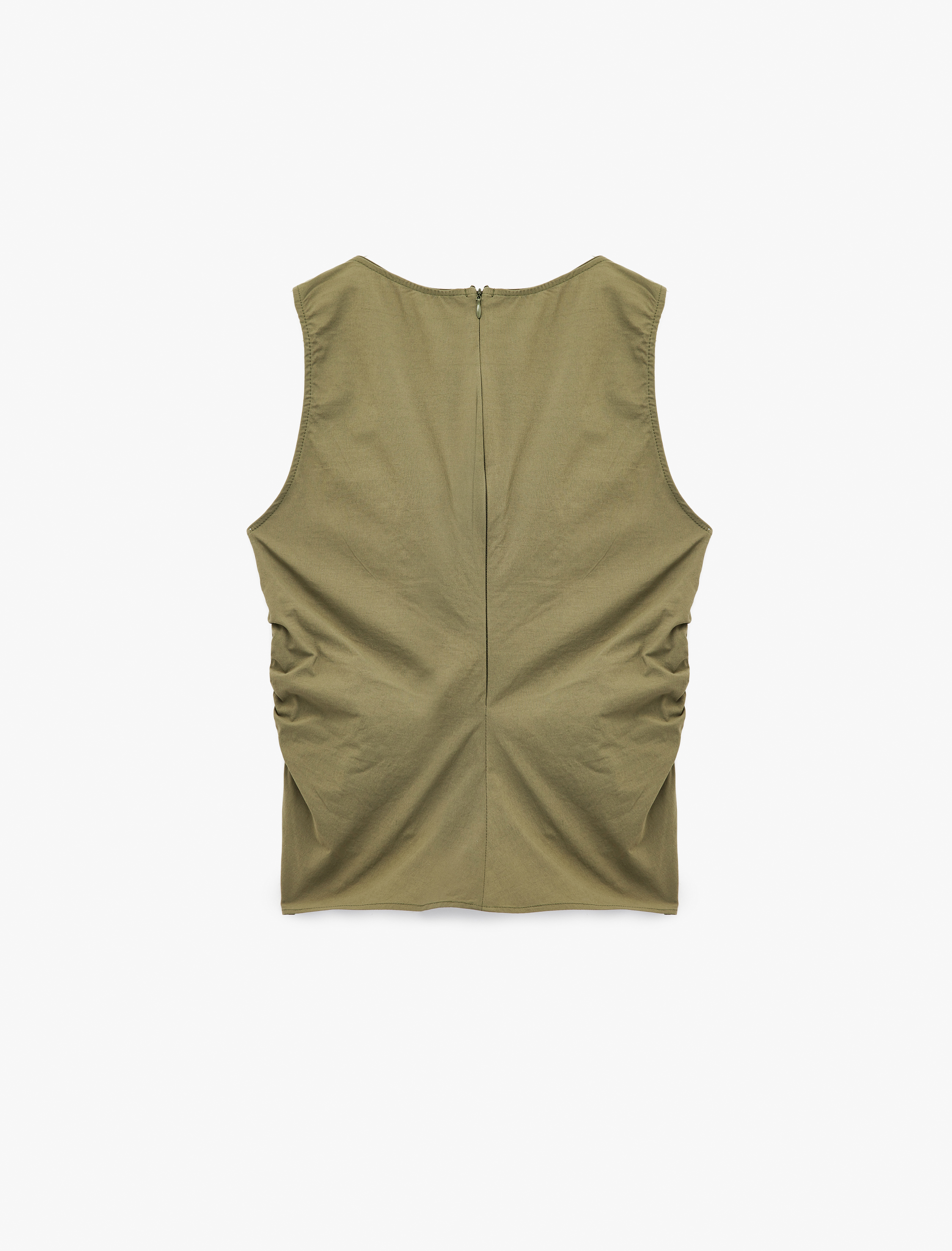 Paraşüt Kumaş Büzgülü Degaje Yaka Kolsuz Bluz - Görsel 5