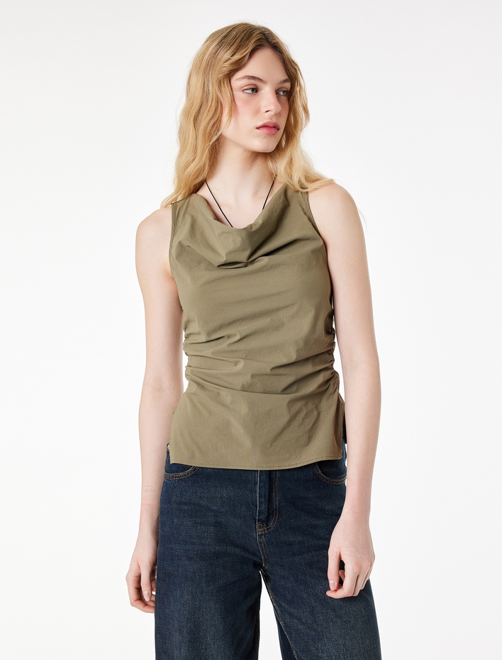  Paraşüt Kumaş Büzgülü Degaje Yaka Kolsuz Bluz